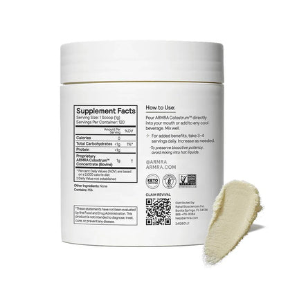 ARMRA Colostrum™ Powder | Unflavored | Gut Health & Bloating | Skin & Hair | Immunity | Keto, Gluten & Fat-Free | 120 Servings